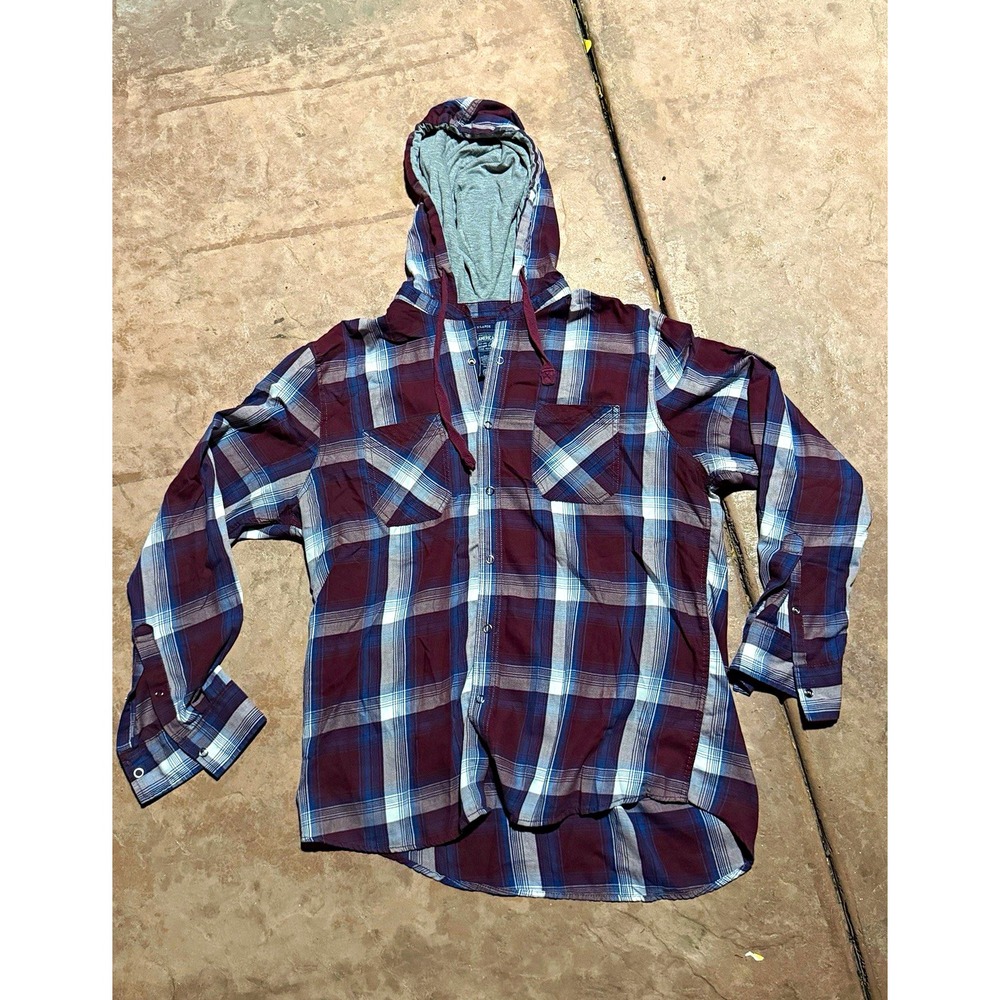 American Rag Men's M Burgundy Blue White Plaid Woven Cotton Hooded Button-Up